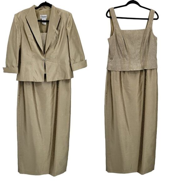 Vintage 80's Cache gown dress set blazer maxi brocade jacquard metallic gold 14 - Picture 1 of 17